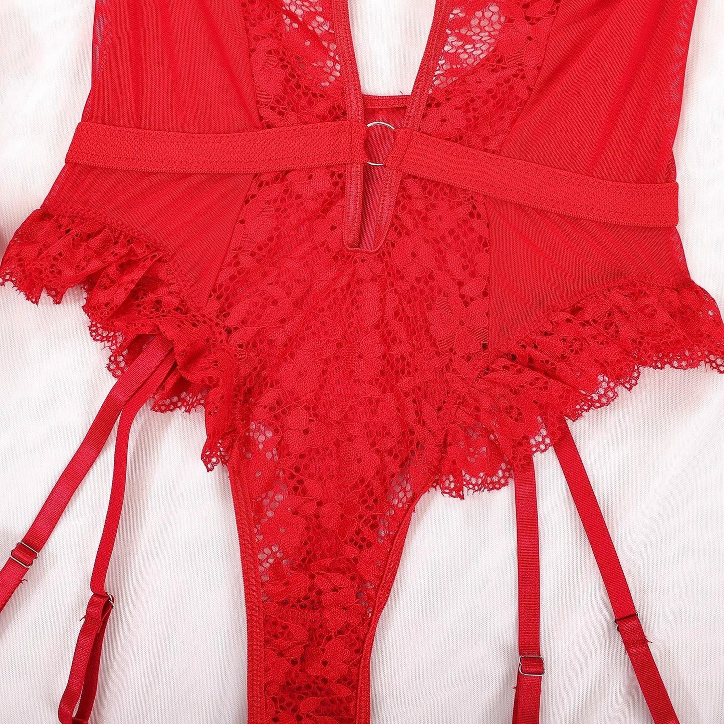 Women's Contrast Lace Cut Out Ring Linked Sexy Lingerie, Backless Adjustable Strap Ruffle Trim Bodysuit, Comfy Elegant Soft Breathable Supportive Lingerie