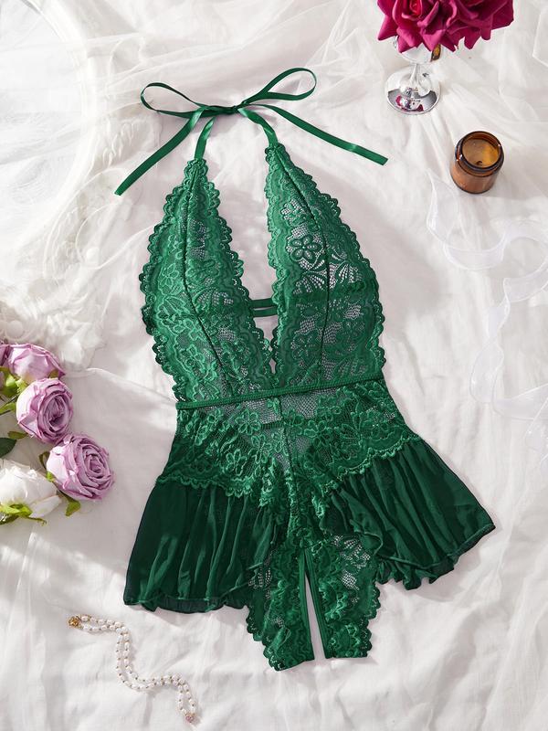 Women's Solid Color Sheer Lace Teddy Bodysuit, Lady Sexy Comfy Bodysuit Lingerie Womenswear, Breathable Soft