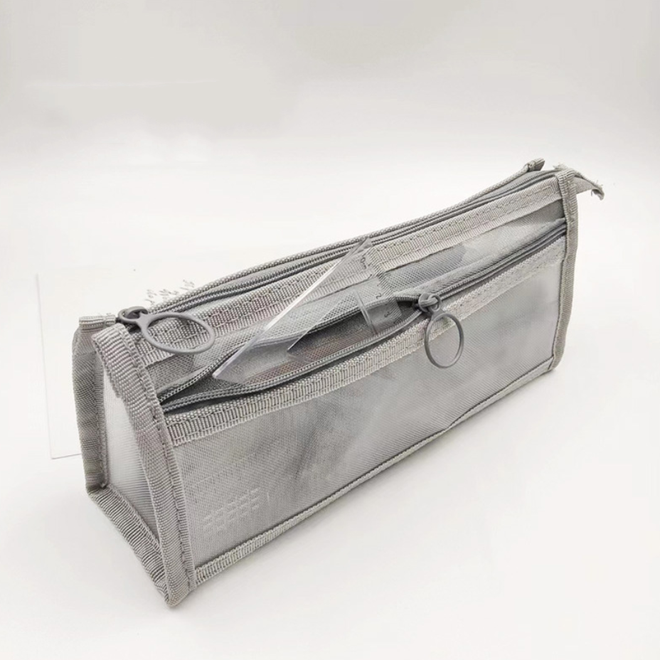 Double-Layer Mesh Pen Case - Large Capacity, Stain-Resistant, Transparent Pen Bag with Compartment, 3D Triangular Stationery Bag