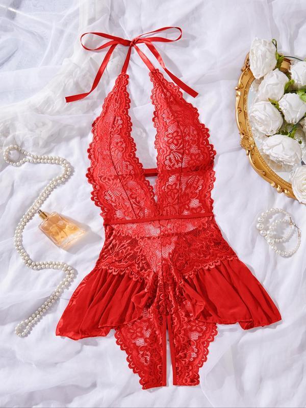 Women's Solid Color Sheer Lace Teddy Bodysuit, Lady Sexy Comfy Bodysuit Lingerie Womenswear, Breathable Soft