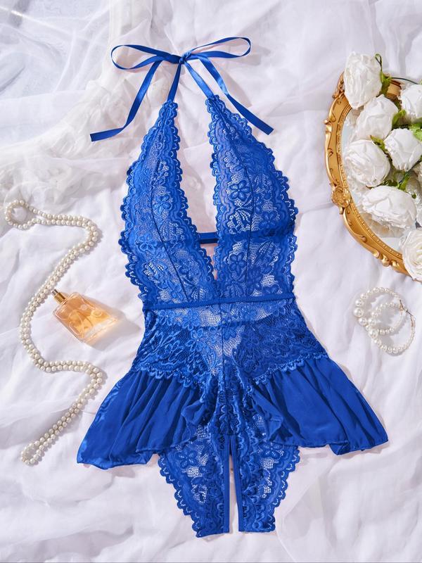 Women's Solid Color Sheer Lace Teddy Bodysuit, Lady Sexy Comfy Bodysuit Lingerie Womenswear, Breathable Soft