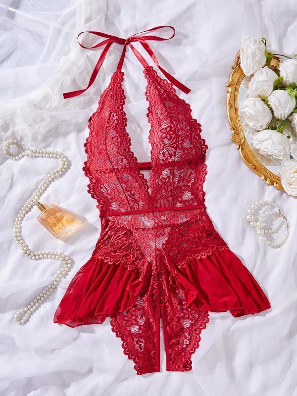 Women's Solid Color Sheer Lace Teddy Bodysuit, Lady Sexy Comfy Bodysuit Lingerie Womenswear, Breathable Soft