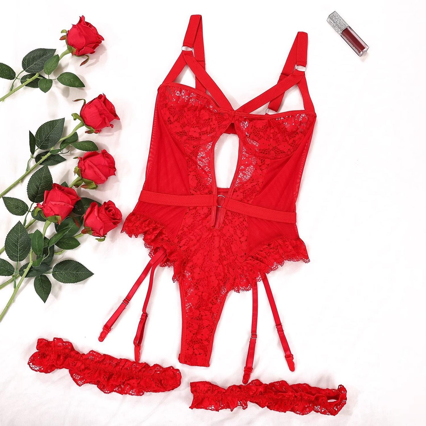 Women's Contrast Lace Cut Out Ring Linked Sexy Lingerie, Backless Adjustable Strap Ruffle Trim Bodysuit, Comfy Elegant Soft Breathable Supportive Lingerie