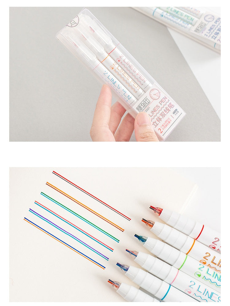 Creative 3D Dual-Line Planner Ink Pen Art Drawing 2-Lines Pen-pack of 6