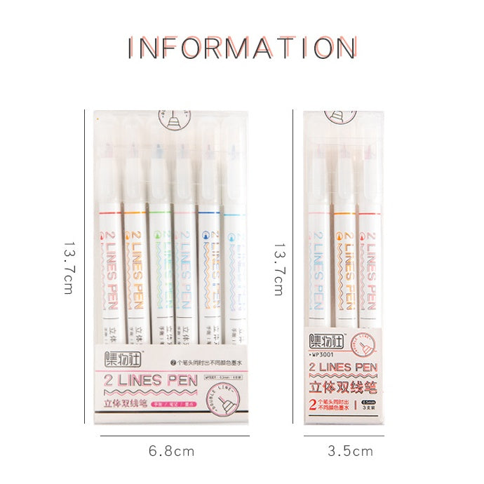 Creative 3D Dual-Line Planner Ink Pen Art Drawing 2-Lines Pen-pack of 6