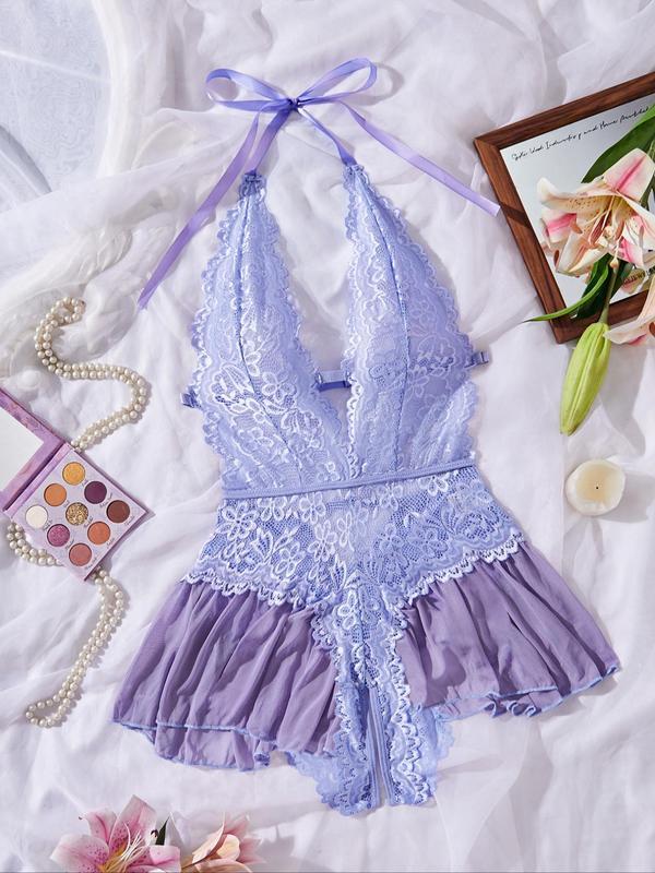 Women's Solid Color Sheer Lace Teddy Bodysuit, Lady Sexy Comfy Bodysuit Lingerie Womenswear, Breathable Soft