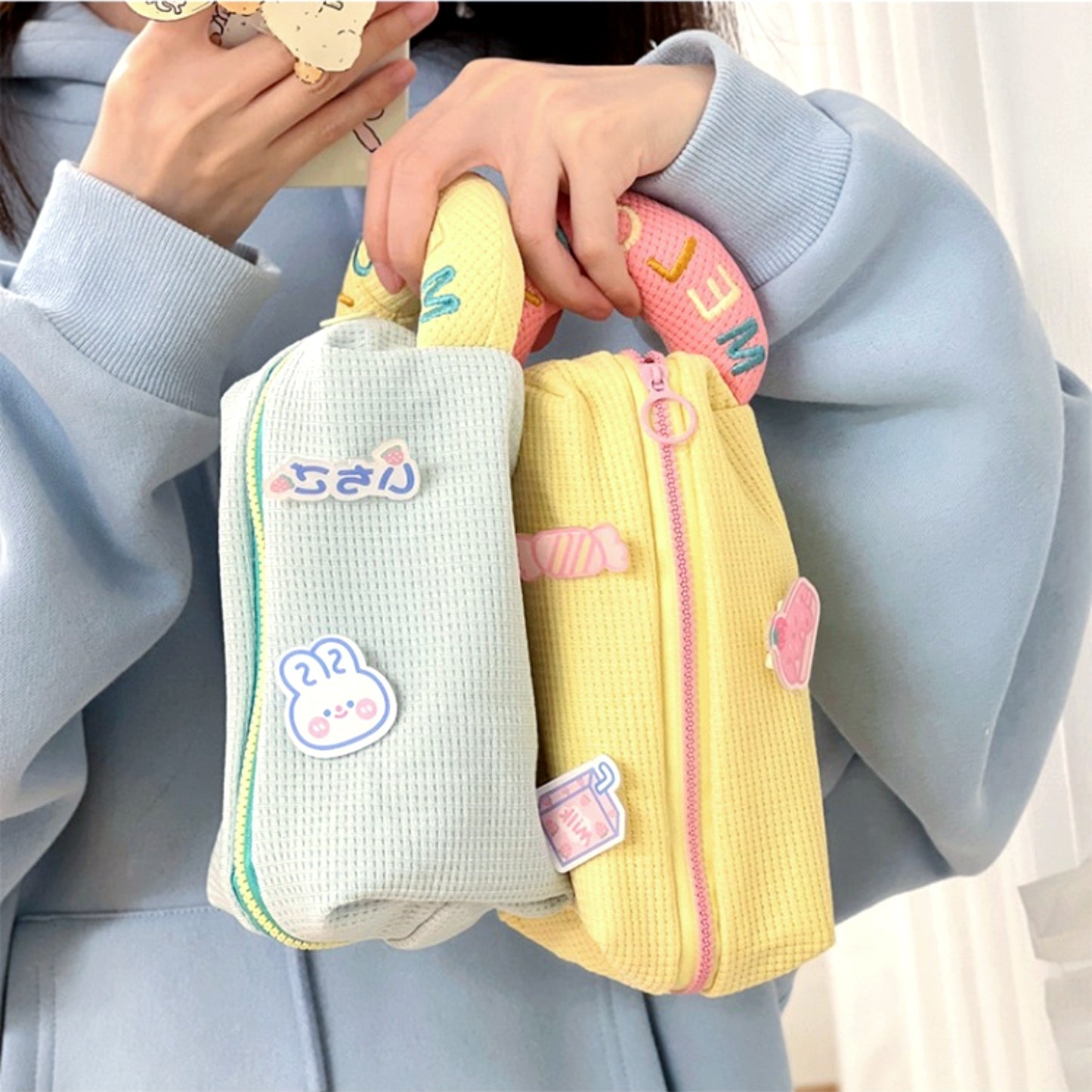 Color Block Checkered Large Capacity Handheld Pen Case, Storage Bag, and Makeup Bag