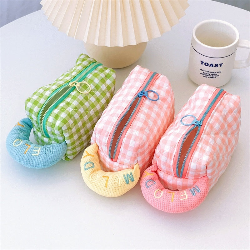 Color Block Checkered Large Capacity Handheld Pen Case, Storage Bag, and Makeup Bag