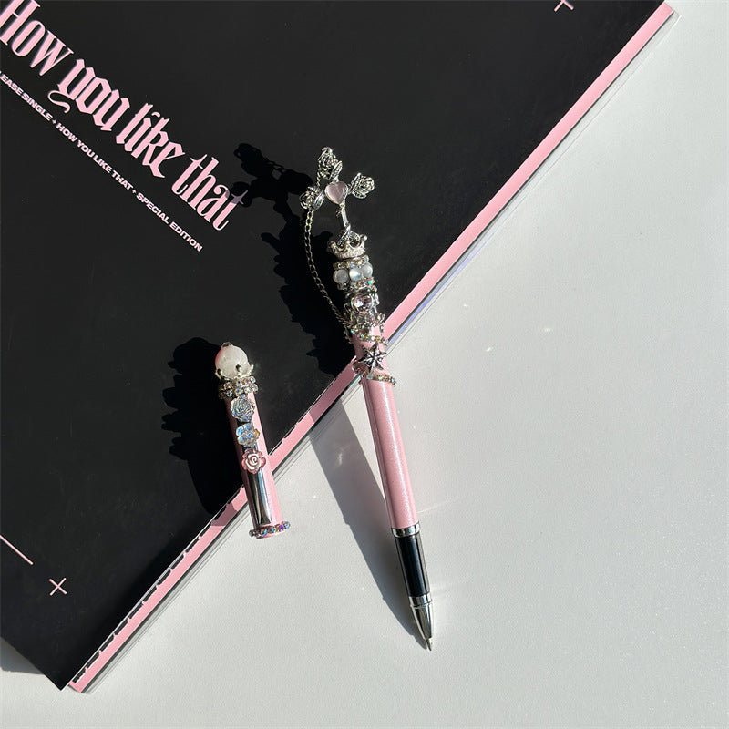 Original Design-Pink Cross Diamond-Inlaid Gel Pen with Unwavering Girly Heart
