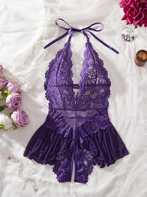 Women's Solid Color Sheer Lace Teddy Bodysuit, Lady Sexy Comfy Bodysuit Lingerie Womenswear, Breathable Soft