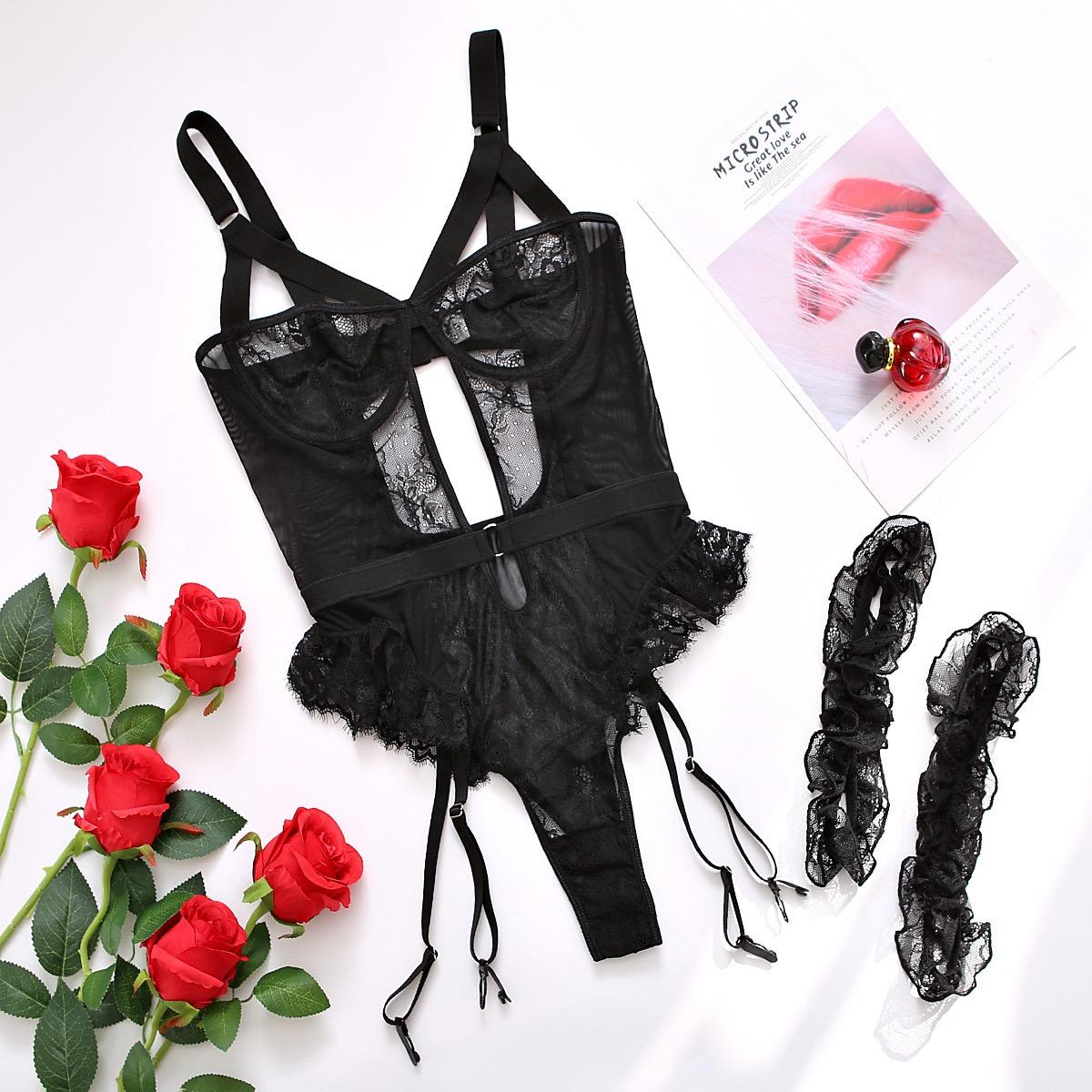 Women's Contrast Lace Cut Out Ring Linked Sexy Lingerie, Backless Adjustable Strap Ruffle Trim Bodysuit, Comfy Elegant Soft Breathable Supportive Lingerie