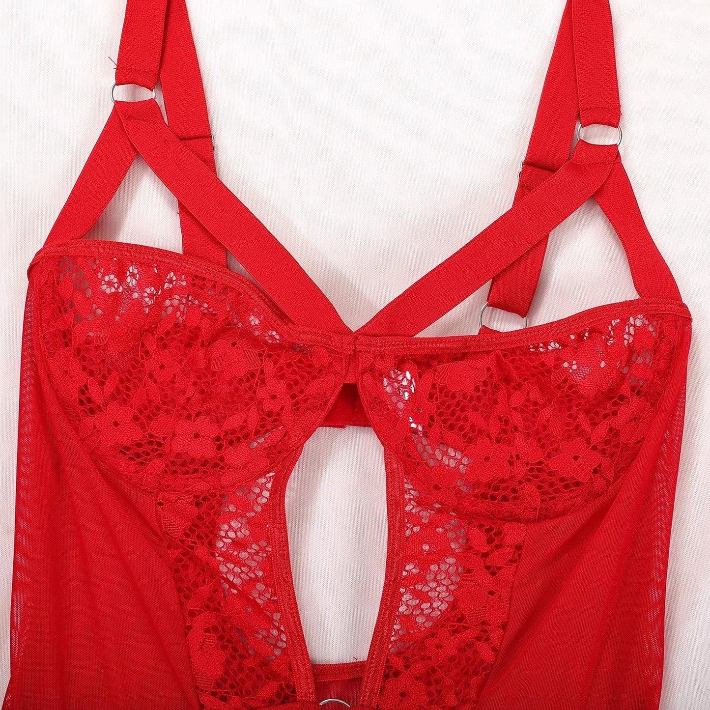 Women's Contrast Lace Cut Out Ring Linked Sexy Lingerie, Backless Adjustable Strap Ruffle Trim Bodysuit, Comfy Elegant Soft Breathable Supportive Lingerie