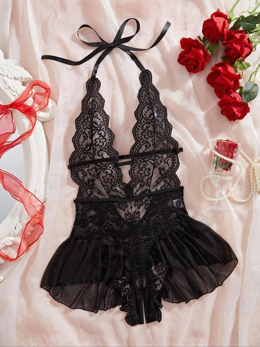 Women's Solid Color Sheer Lace Teddy Bodysuit, Lady Sexy Comfy Bodysuit Lingerie Womenswear, Breathable Soft